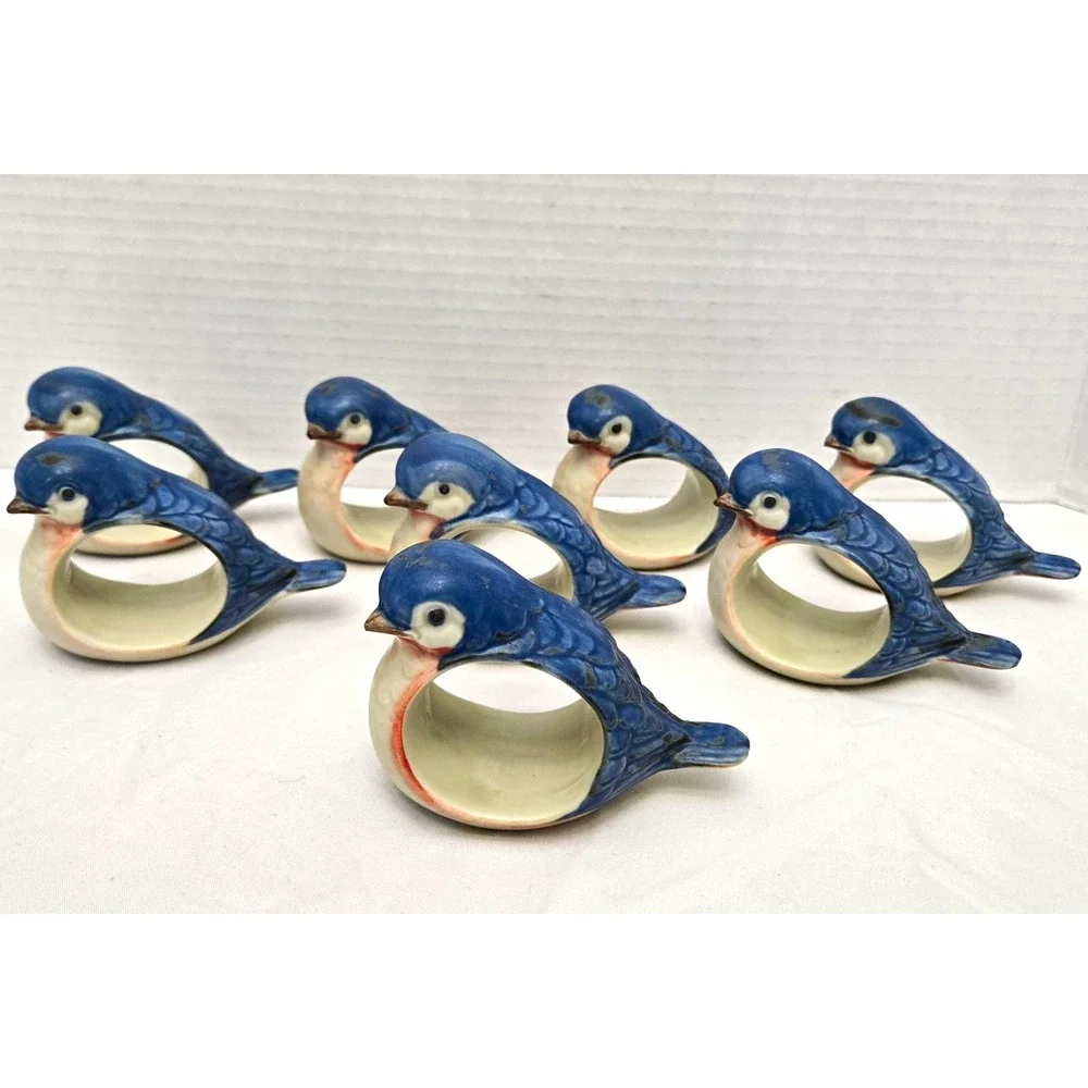 Pristine Vtg Takahashi San Francisco Hand-Painted Bluebird Napkin Rings Set of 8